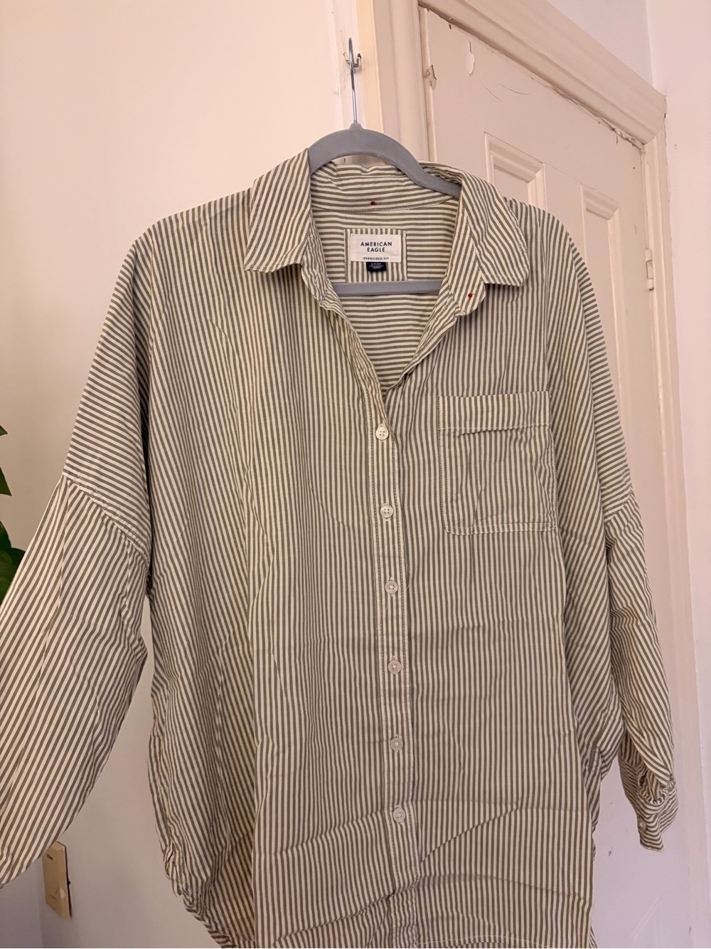 American Eagle Oversized Green Stripe Button-Up Shirt